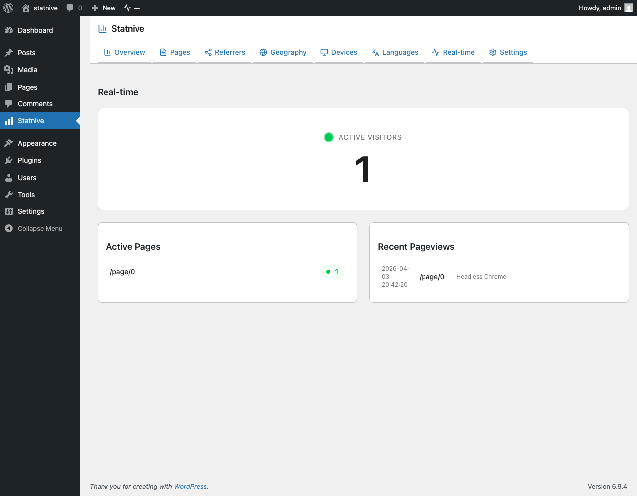 Statnive Echtzeit — aktiver Besucherzähler, aktive Seiten, letzte Seitenaufrufe